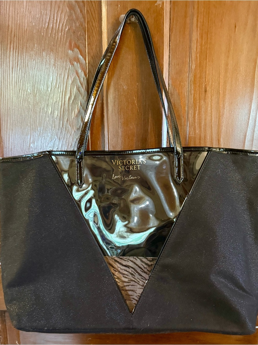 Victoria's Secret Tote Black Patent Handles Clear V & Zebra print bag inside
